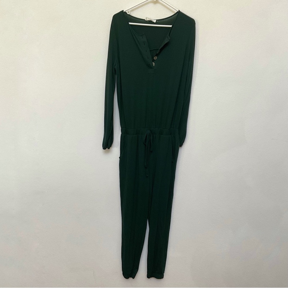 Zenana Dark Hunter Green Long Sleeve Jogger Jumpsuit Size Large Lounge Comfy